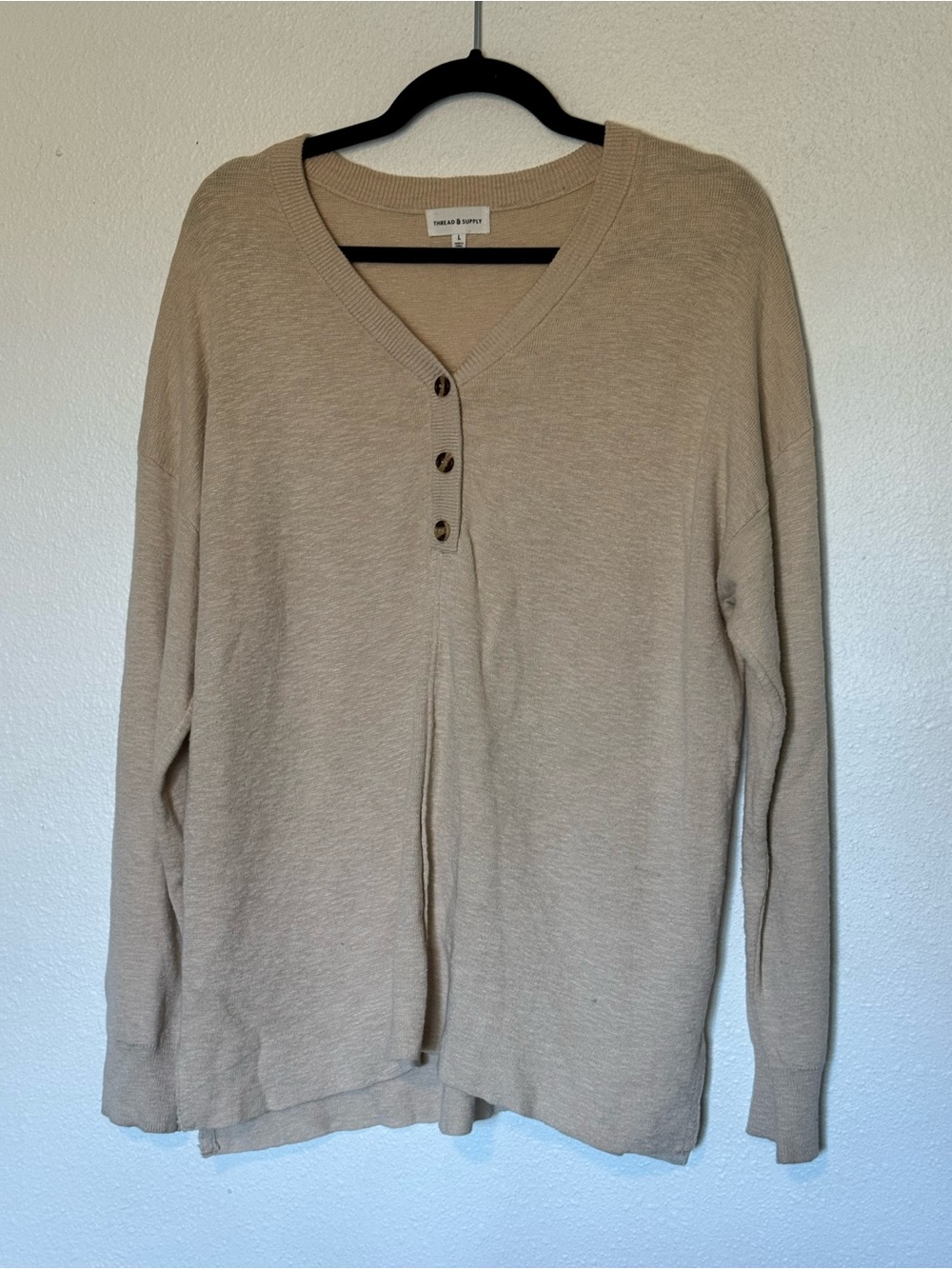 Thread & Supply Beige V-Neck Three-Button Women's Sweater